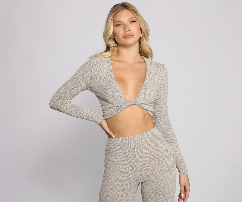 Trendy Twist Ribbed Knit Crop Top Cozy Women's Winter