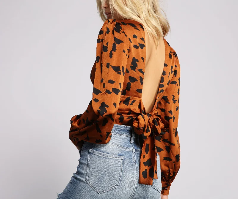 Satin Leopard Print Open Back Top Traditional Women's 