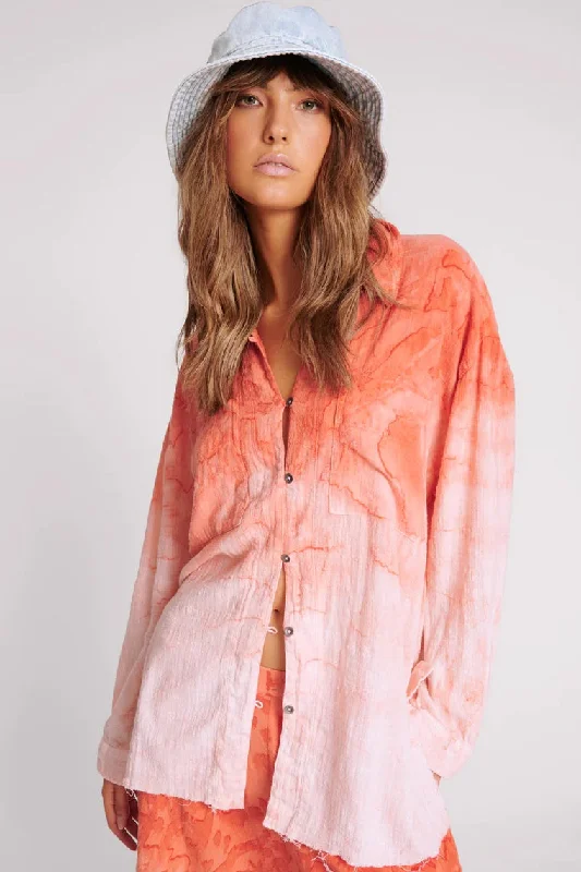 ONE TEASPOON Womens Hand Painted Sunset Muslin Longline Shirt - Coral Sustainable Organic