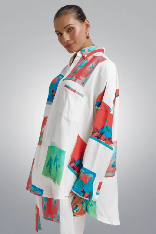 SUMMI SUMMI Womens Long Sleeve Oversize Linen Shirt - Montage White Modern Women's Tech