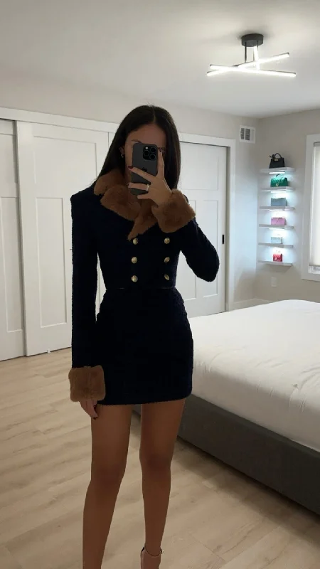 Wava Navy Blue Double Breast Fur Trim Cropped Boucle Wool Jacket Modern Women's 