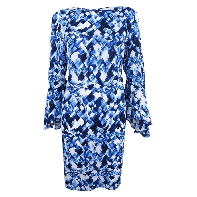 DKNY Women's Bell-Sleeve Printed Chiffon Shift Dress (8, Blue/Multi)