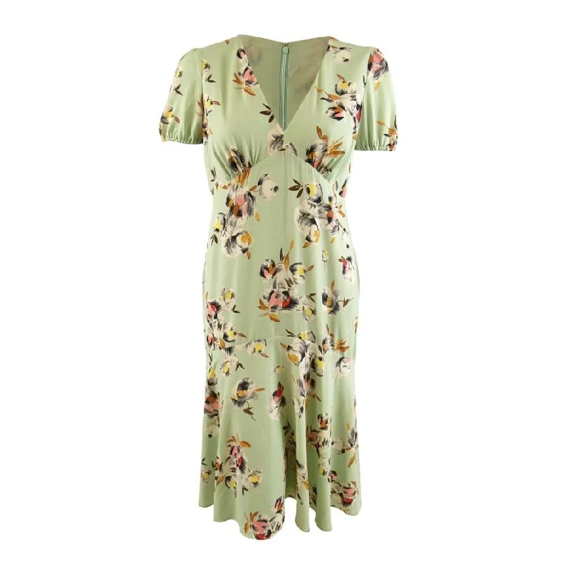 Lauren Ralph Lauren Women's Floral Crepe Puff-Sleeve Dress (12, Sage/Pink Multi)