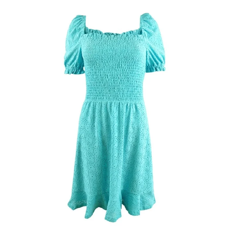 MICHAEL Michael Kors Women's Eyelet Smocked Peasant Dress (S, Turquoise)