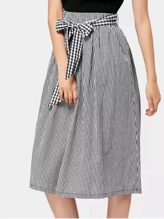 Chic Belted Checked Midi A Line Skirt European