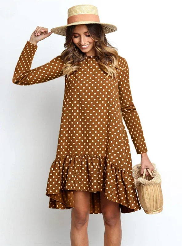 CHIFFON DRESS LONG SLEEVE O NECK RUFFLE DRESS