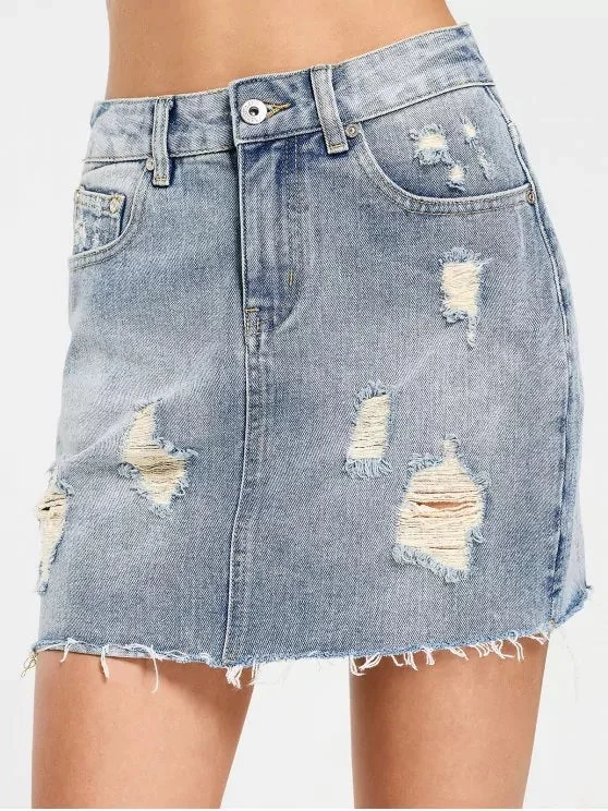 Cute High Waisted Destroyed Denim Skirt Monochromatic Office Style