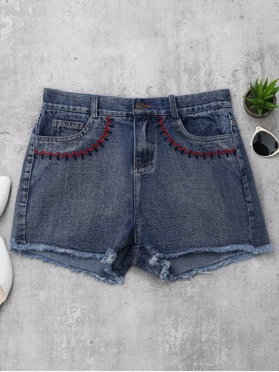 Fashion Embroidered Cutoffs Denim Shorts Sleek Women's 