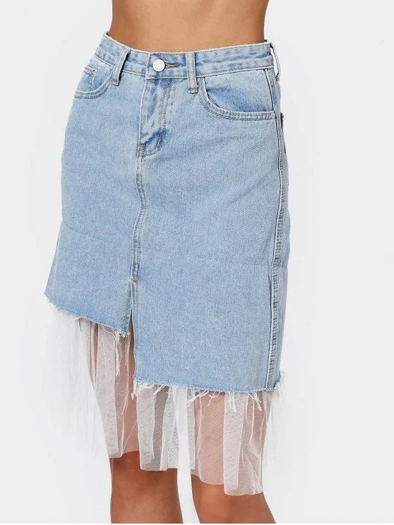 Fashion High Waisted Voile Panel Denim Skirt Monochromatic All - in - one