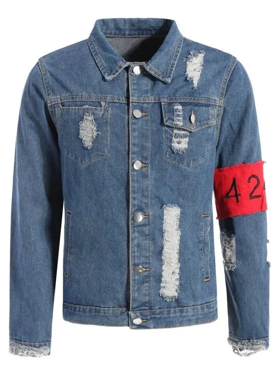 Fashion Streetwear Ripped Armband Denim Jacket