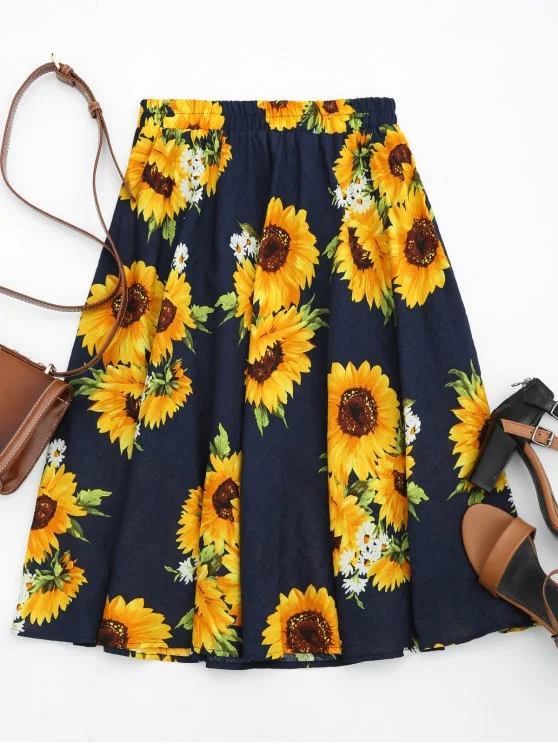 Fashion Sunflower Print High Waist Skirt Traditional Women's 