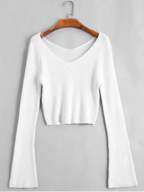 Fun Flare Sleeve Cropped V Neck Sweater