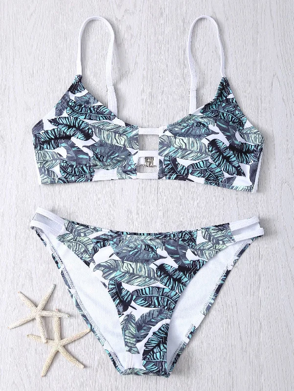 Hollow Out Leaves Print Bikini Set