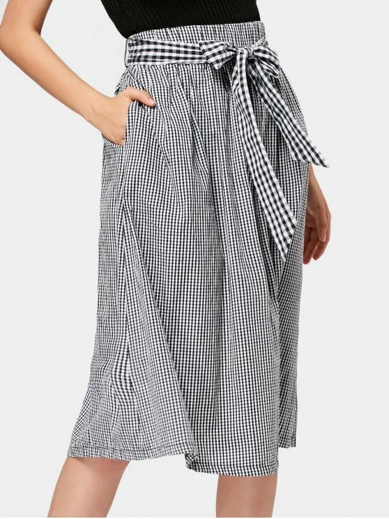 Pretty Belted Checked Midi A Line Skirt Classic Women's Tweed