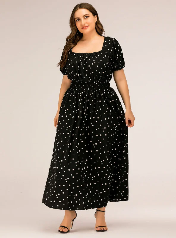 Square-necked Bubble Sleeve Long Plus Size Dress