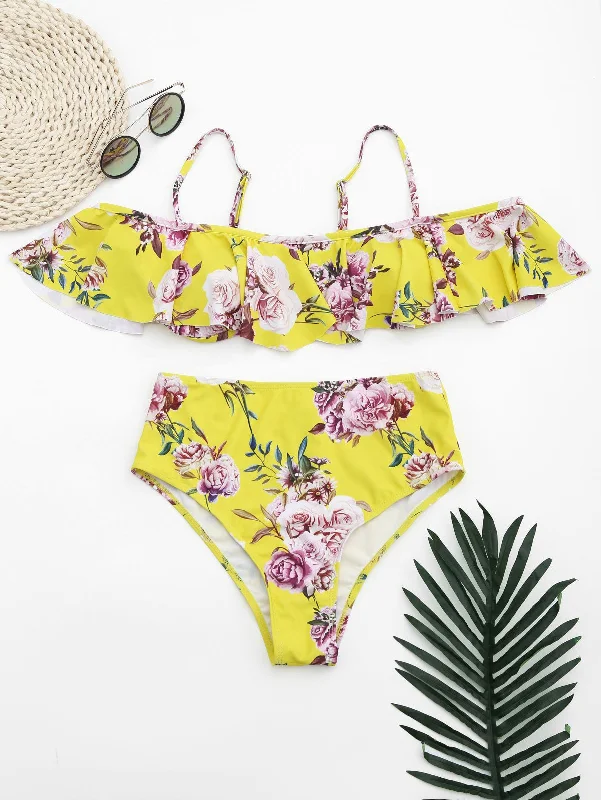 Ruffles Floral Off Shoulder High Waisted Bikini