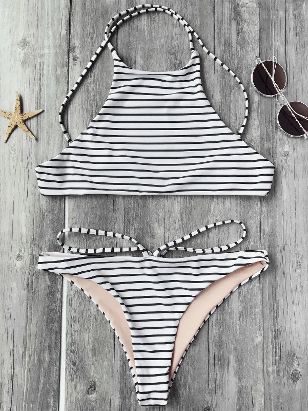 Striped High Neck Bikini Top and Bottoms