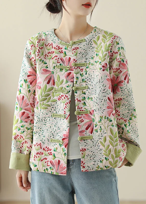 Art Green Embroidered Button Cotton Coats Fall