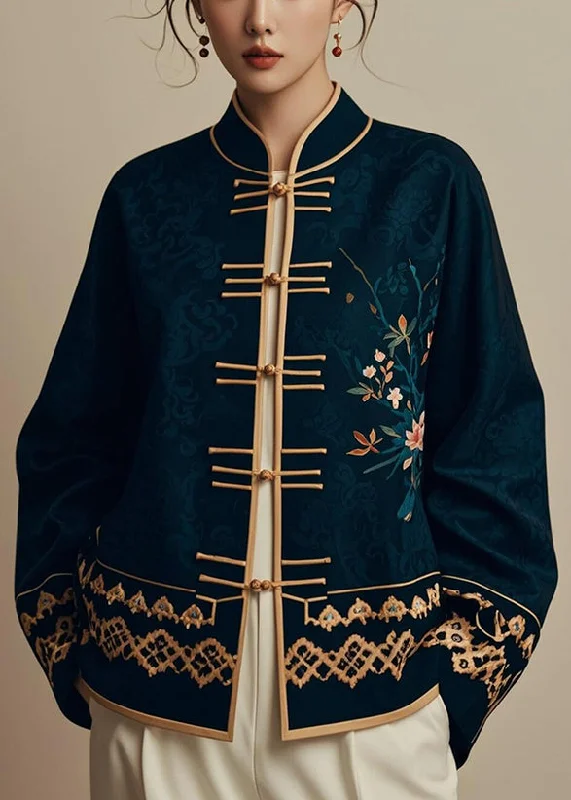 Elegant Navy Chinese Button PrintSilk Coats Fall