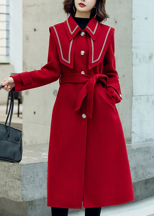 Elegant Red Button Pockets Tie Waist Woolen Coats Winter