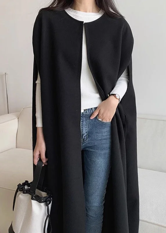 Fine Black O Neck Woolen Coats Cloak Sleeves