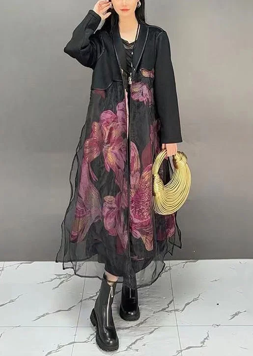 French Black Print Tulle Patchwork Long Coats Fall