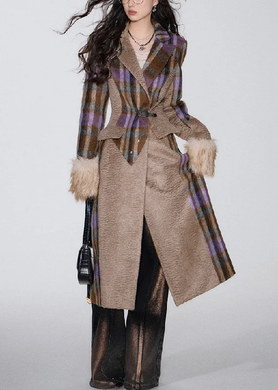 French Brown Pockets Patchwork Woolen Long Coat Winter