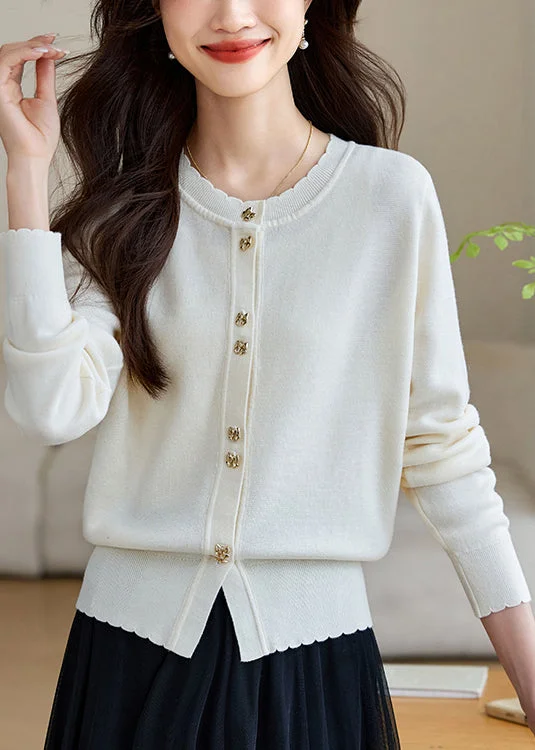 White Button Solid Wool Knit Fall Coats O Neck