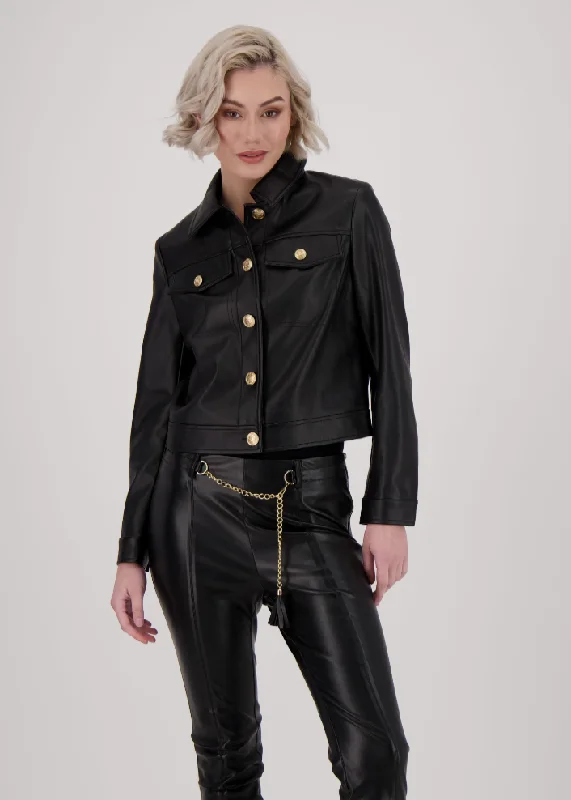 Gabby Isabella - Faux Leather Gold Button Jacket -SALE