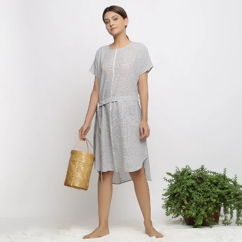 Off-White and Grey Checks Cotton Muslin High-Low Kaftan Dress