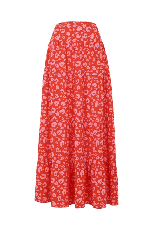 Red with Pink Leopard Maxi Skirt Youthful Women's Anime - inspired