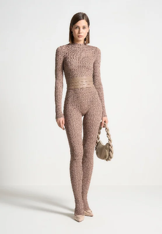 Pointelle Knit Long Sleeve Jumpsuit with Belt - Taupe