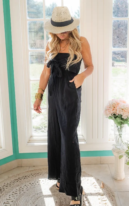 Black Soft Washed Open Shoulder Smocked Jumpsuit - Final Sale