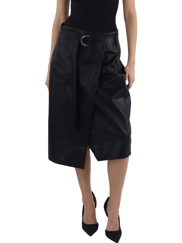 Womens Belted Asymmetrical Midi Skirt Luxurious Women's High -  end