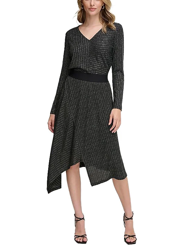 Womens Metallic Knit Midi Skirt Confident Women's High - fashion