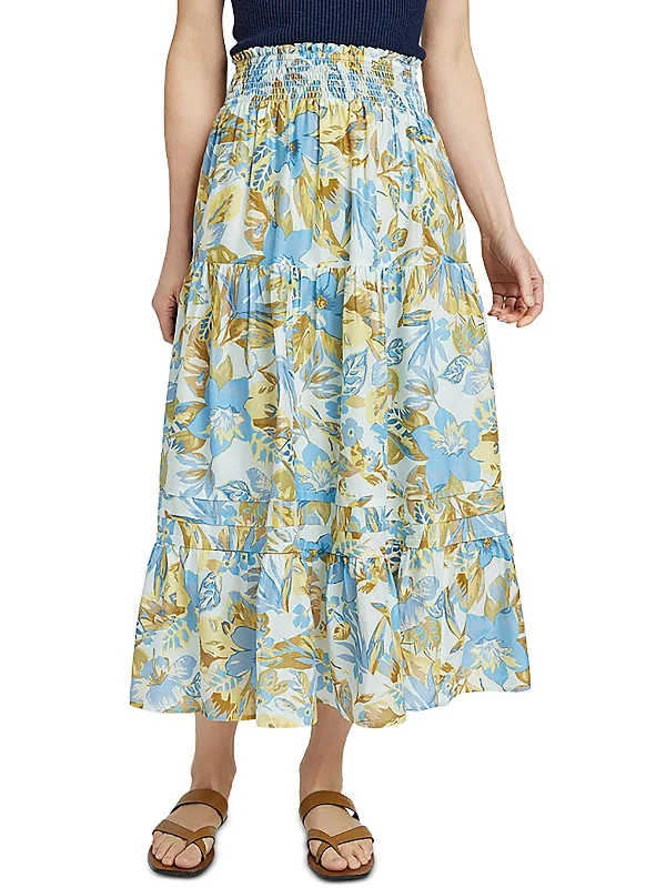 Womens Silk Blend Floral Midi Skirt