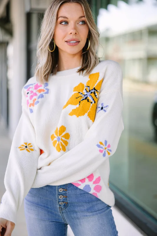 All I See Ivory White Floral Sweater Monochromatic Office Style