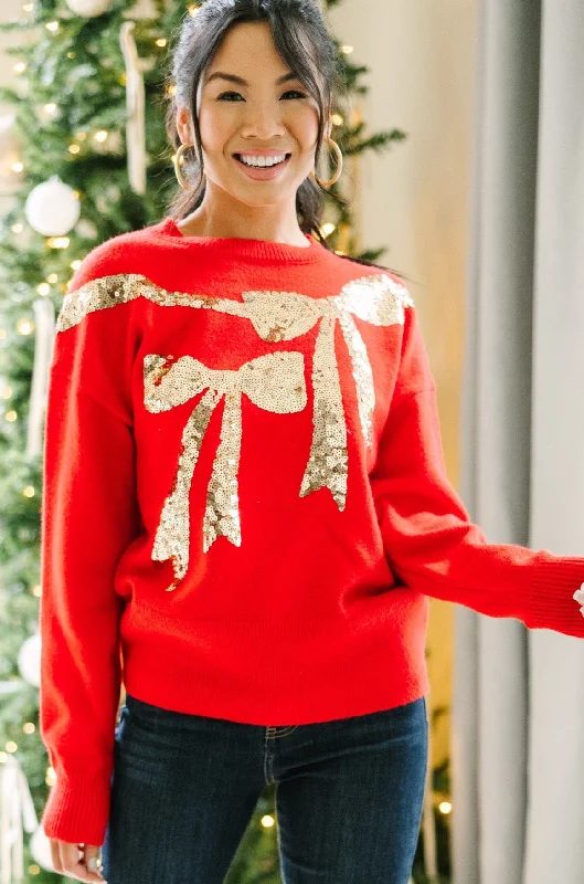 Feeling Present Red Sequin Bow Sweater